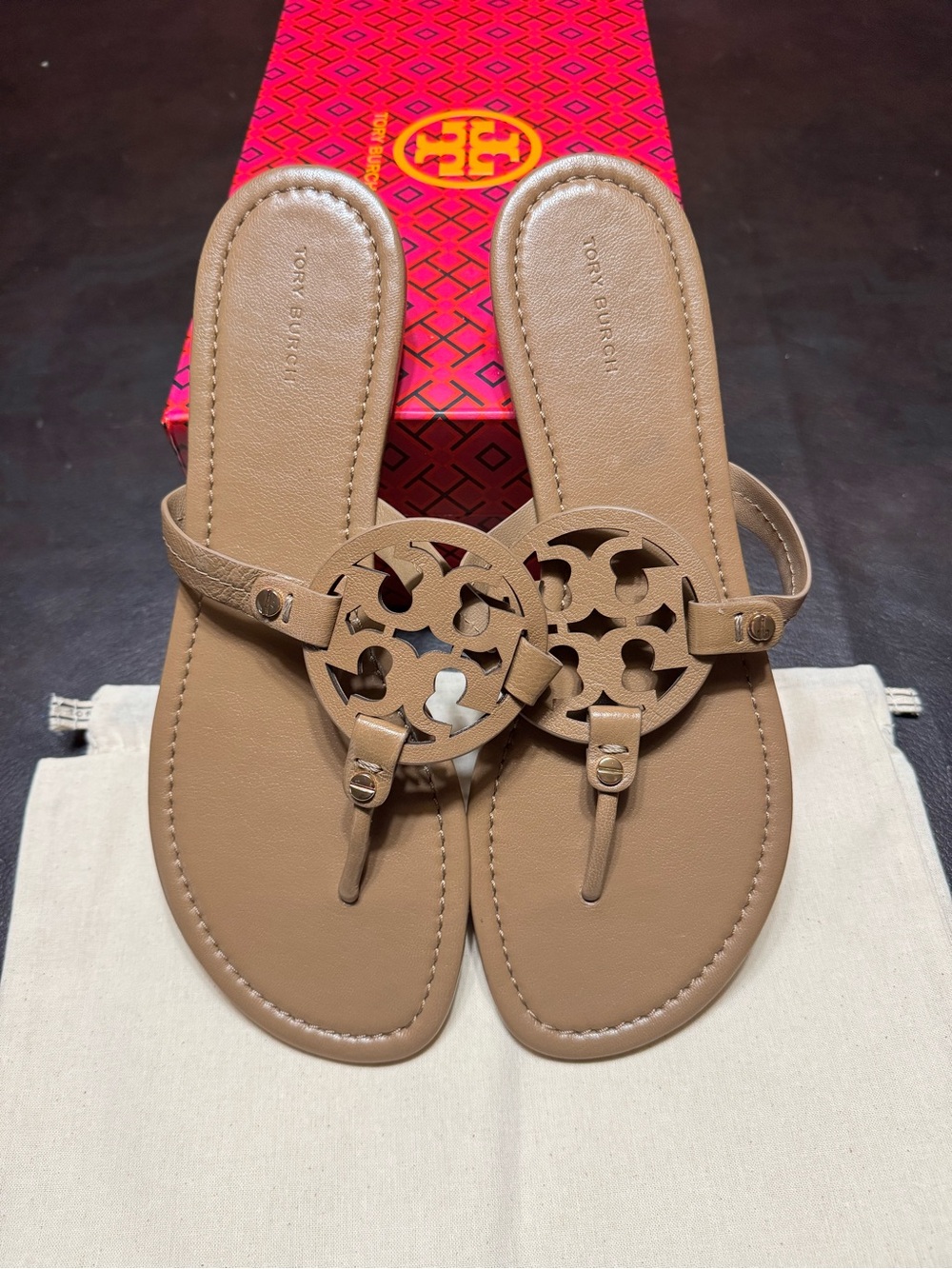 Tory Burch Tan Leather Logo Thong Sandals